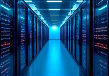 Rows of illuminated server racks in a data center environment, representing cloud infrastructure
