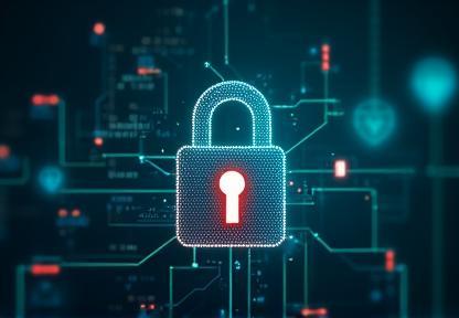 Digital padlock icon superimposed over a network diagram, symbolising cybersecurity protection